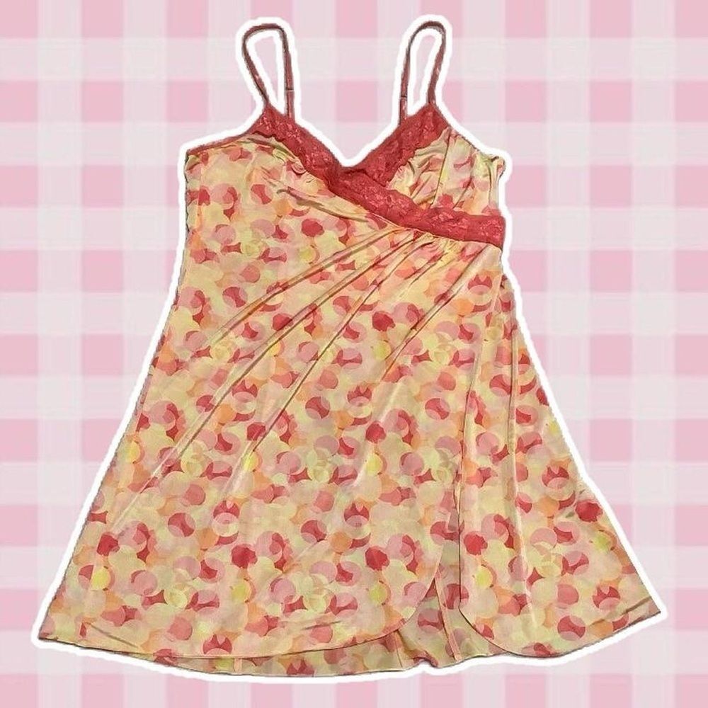 Vintage Y2K Orange‎ Polka Dot Feminine Artsy Whimsical Slinky Mini Slip Dress L